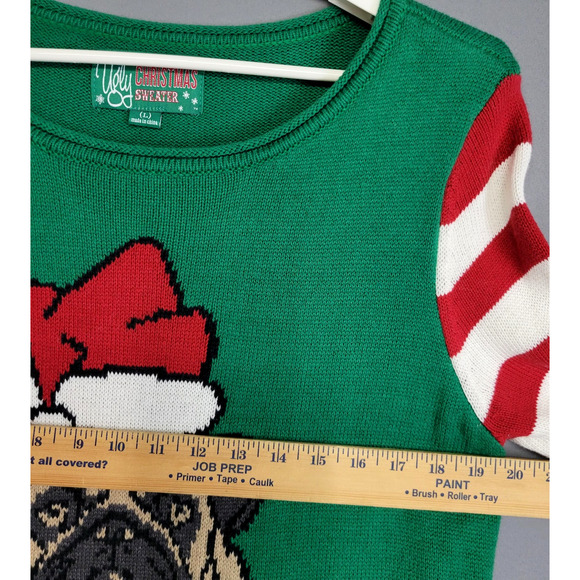 Ugly Christmas Sweater Womens Large Green Pug Santa Hat Striped Sleeves - Picture 7 of 13